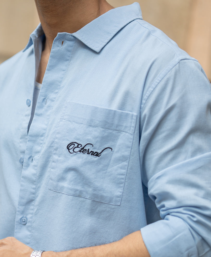 Blue Linen Blend Embroidered Shirt.