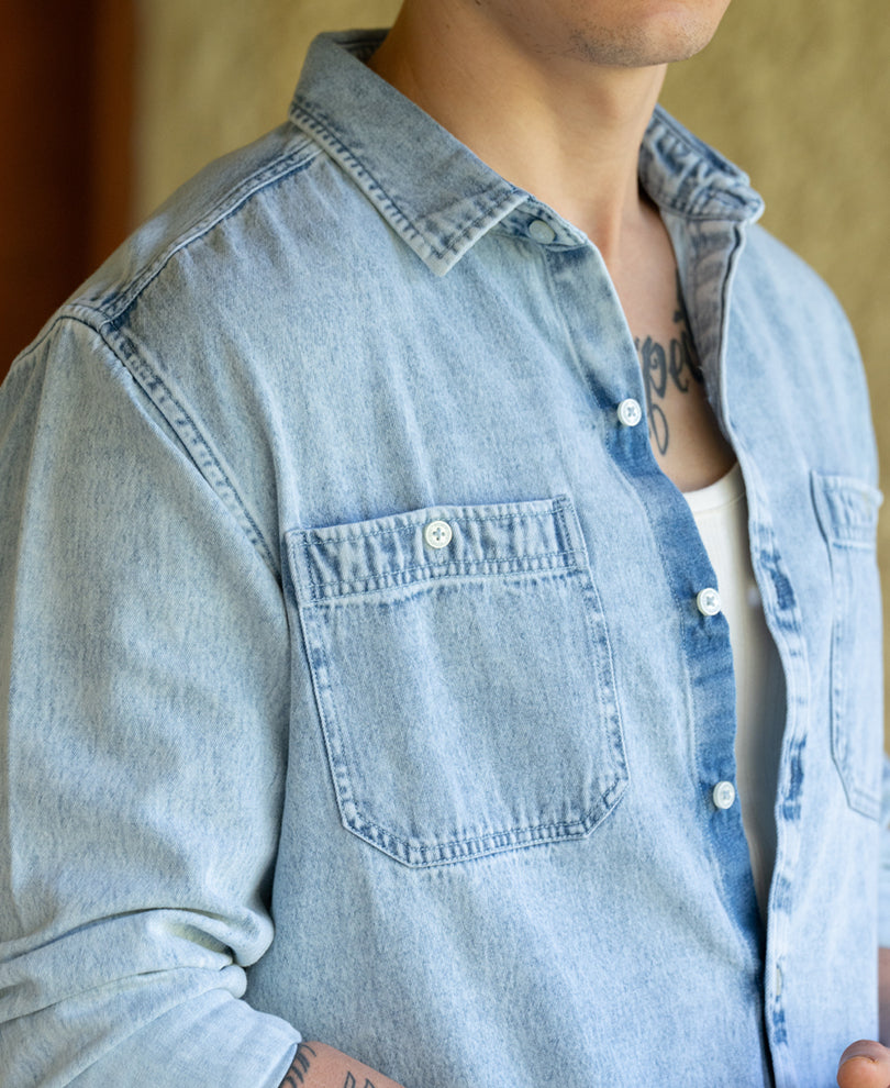 Blue Double Pocket Denim Shirt 100% Cotton