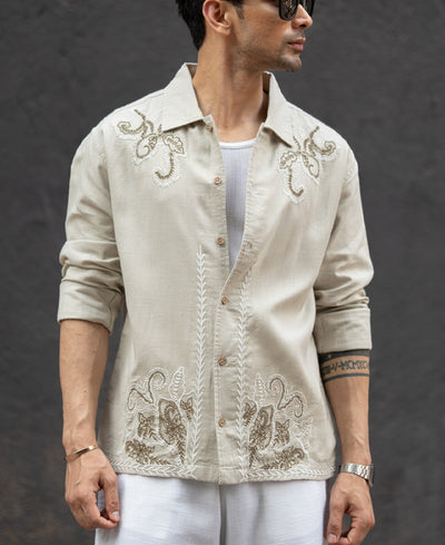 Beige Floral Embroidery Shirt