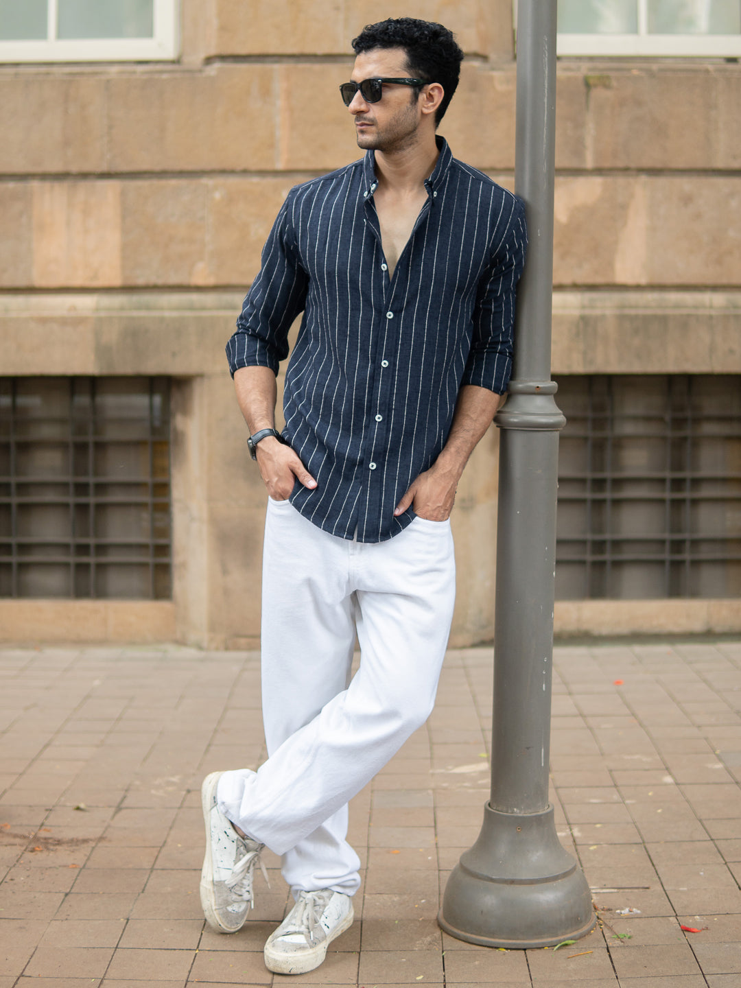 Dark Blue Flowy Striped Shirt