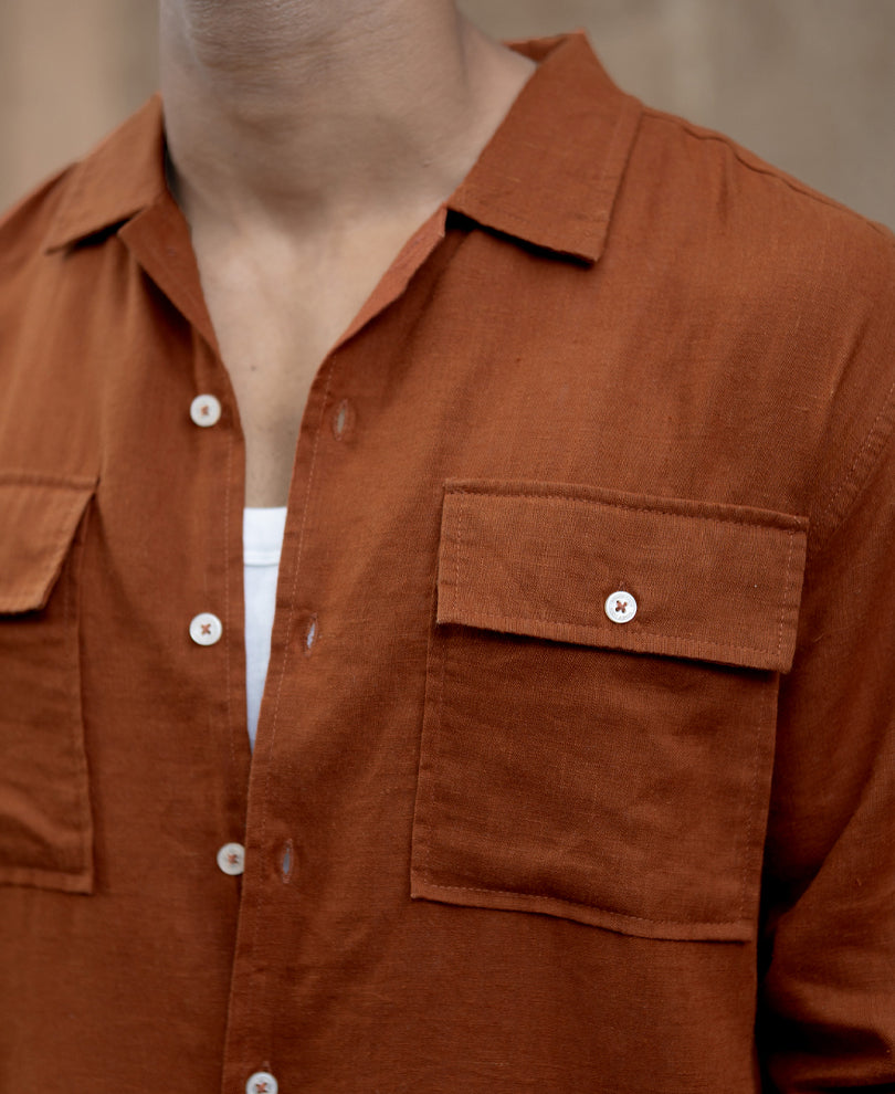 Tan Linen Double Pocket Shirt