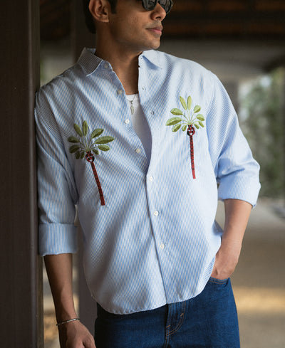 Blue Stripe Palm Embroidery Shirt