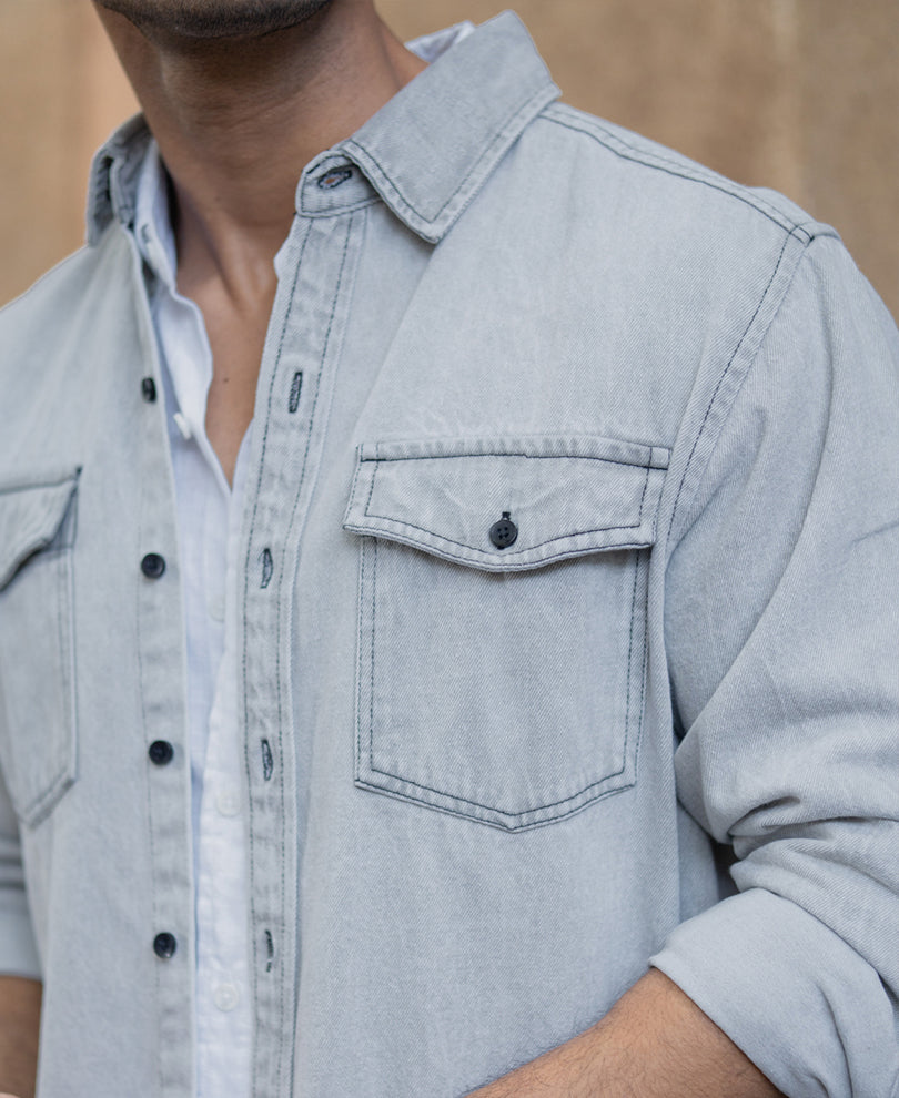 Grey Denim Shacket With Pockets
