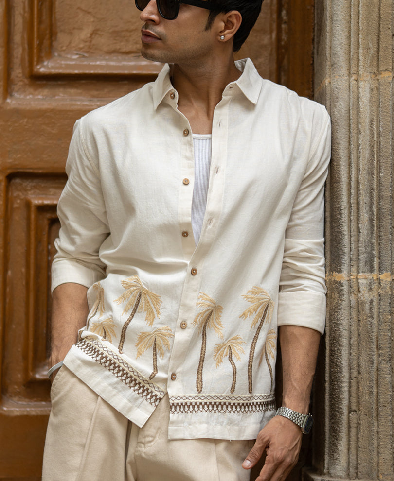 Light Beige Palm Embroidery Shirt.
