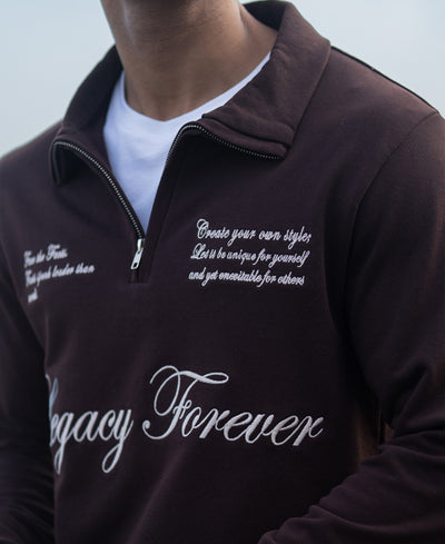 Brown Embroidered Quarter Zip Sweatshirt
