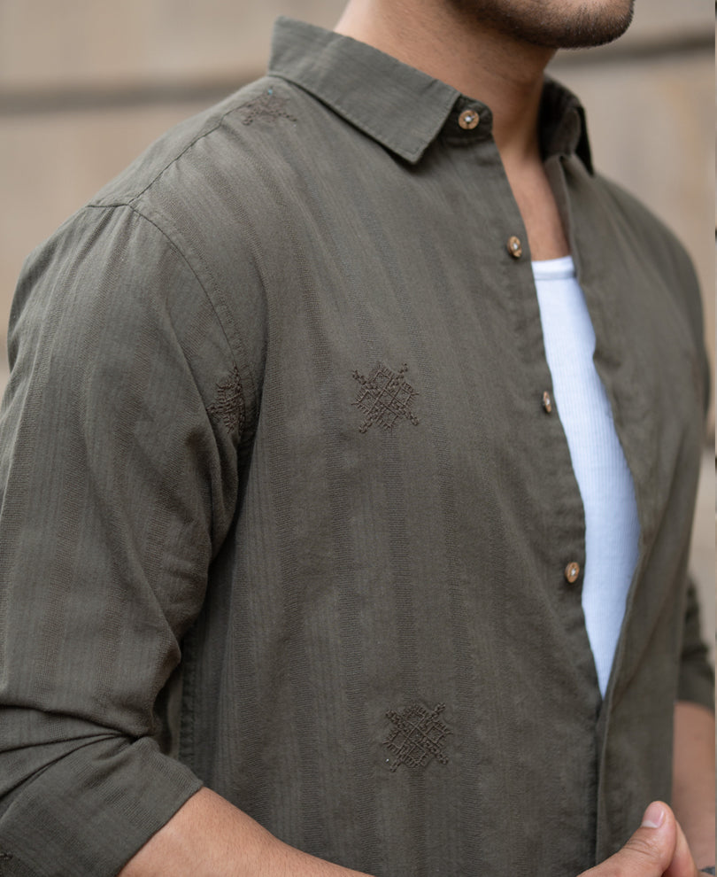 Olive Structure Embroidered Shirt