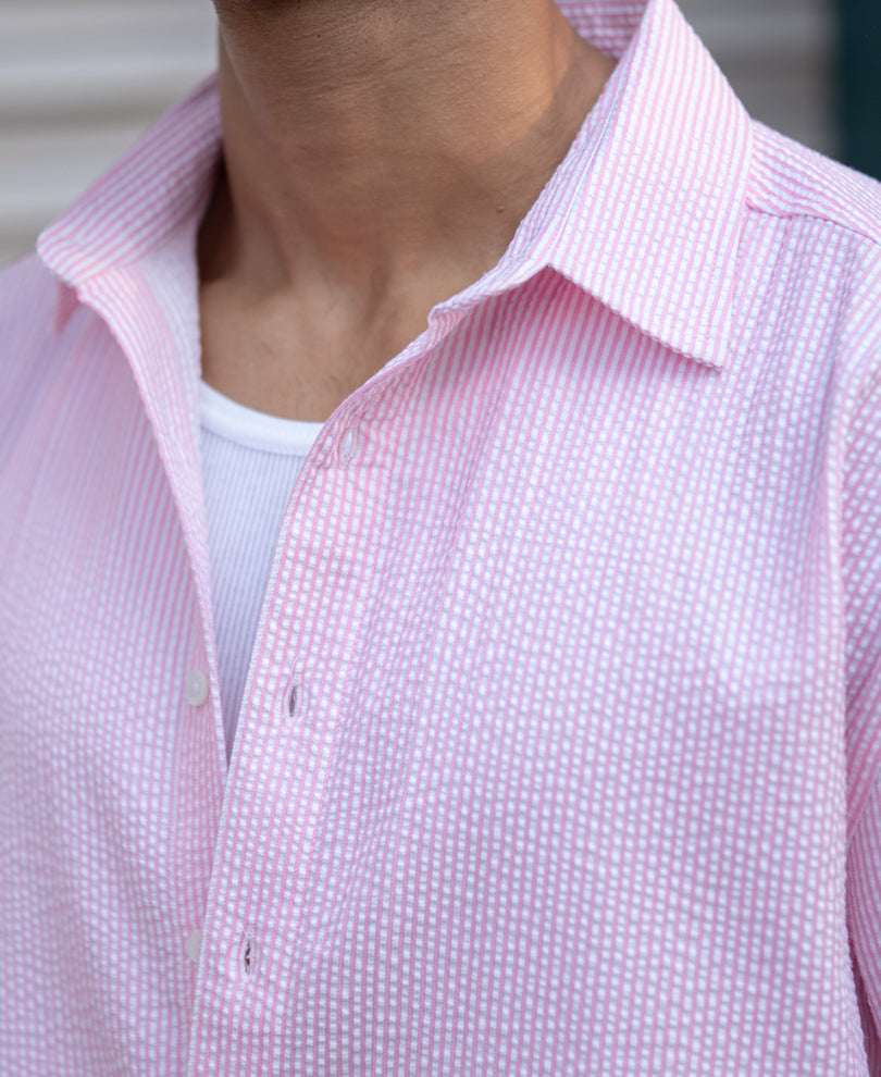 Pink Seersucker Stripe Shirt.