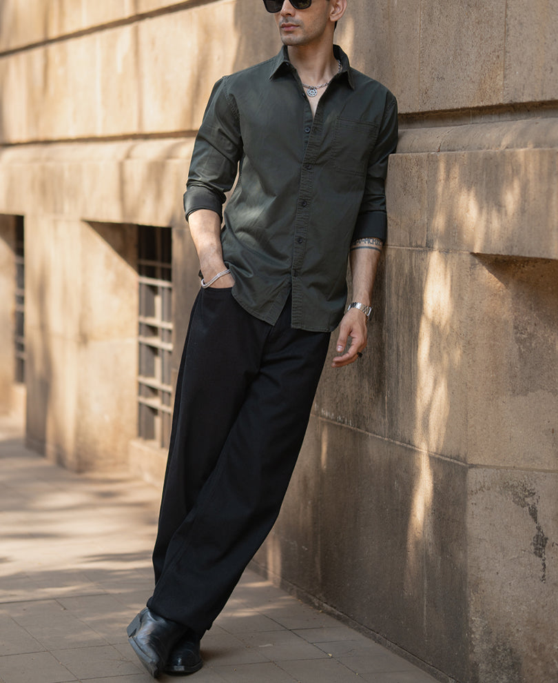 Dark Olive Cotton Twill Shirt.
