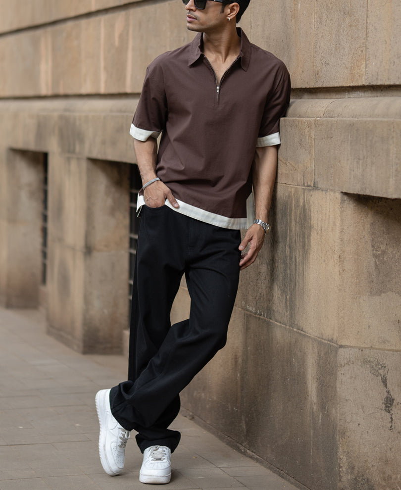 Dark Brown Boxy Fit Collar T-Shirt