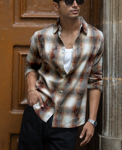 Beige Washed Checks Shirt
