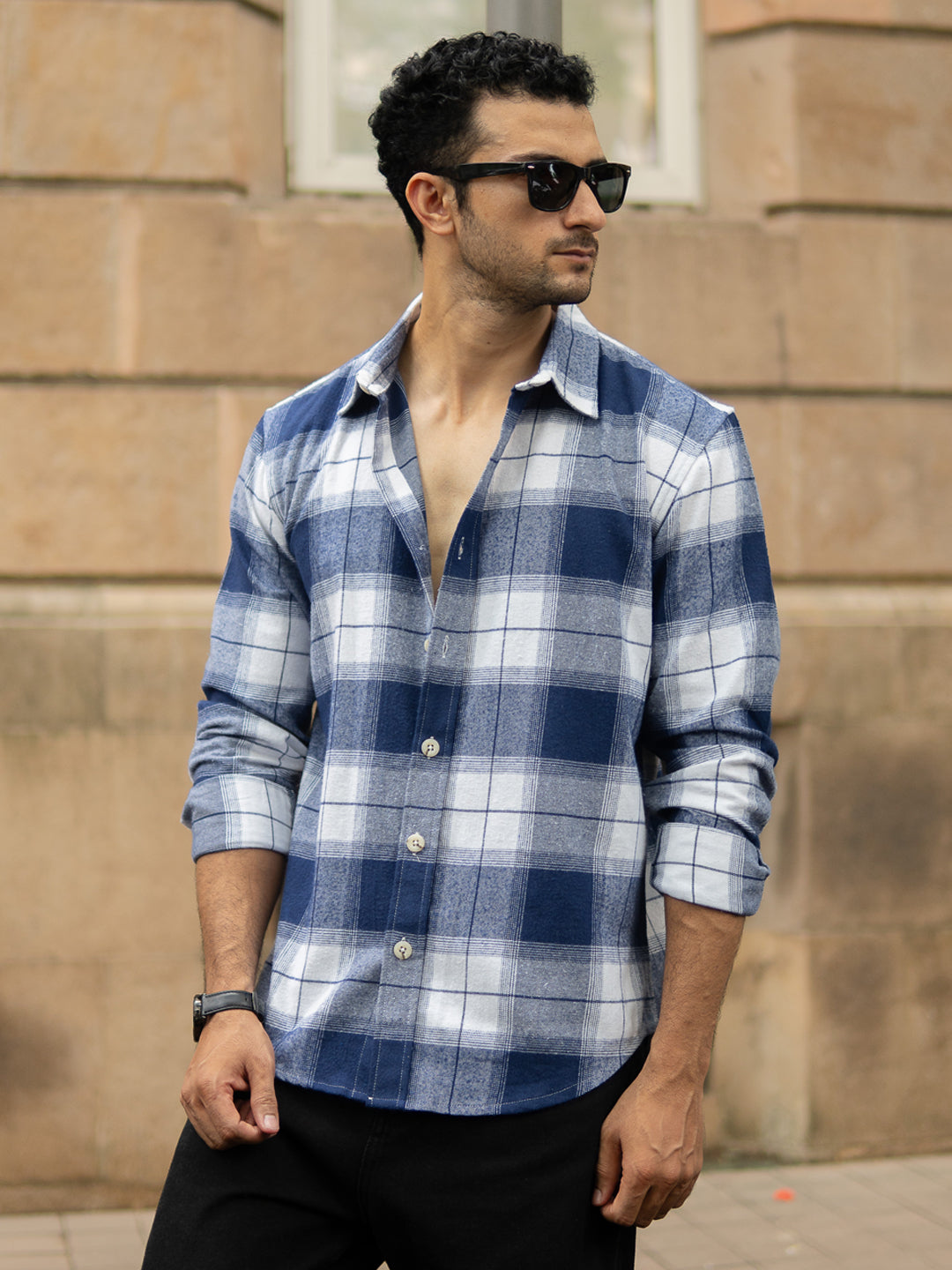 Dark Blue Brushed Checks Shirt