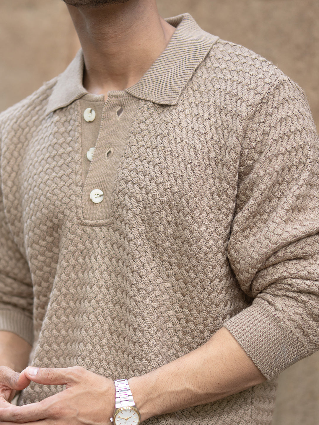 Dark Beige Knit Polo Sweater