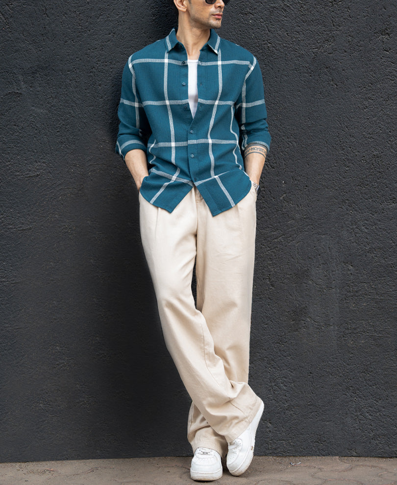 Teal Structured Checked Shirt