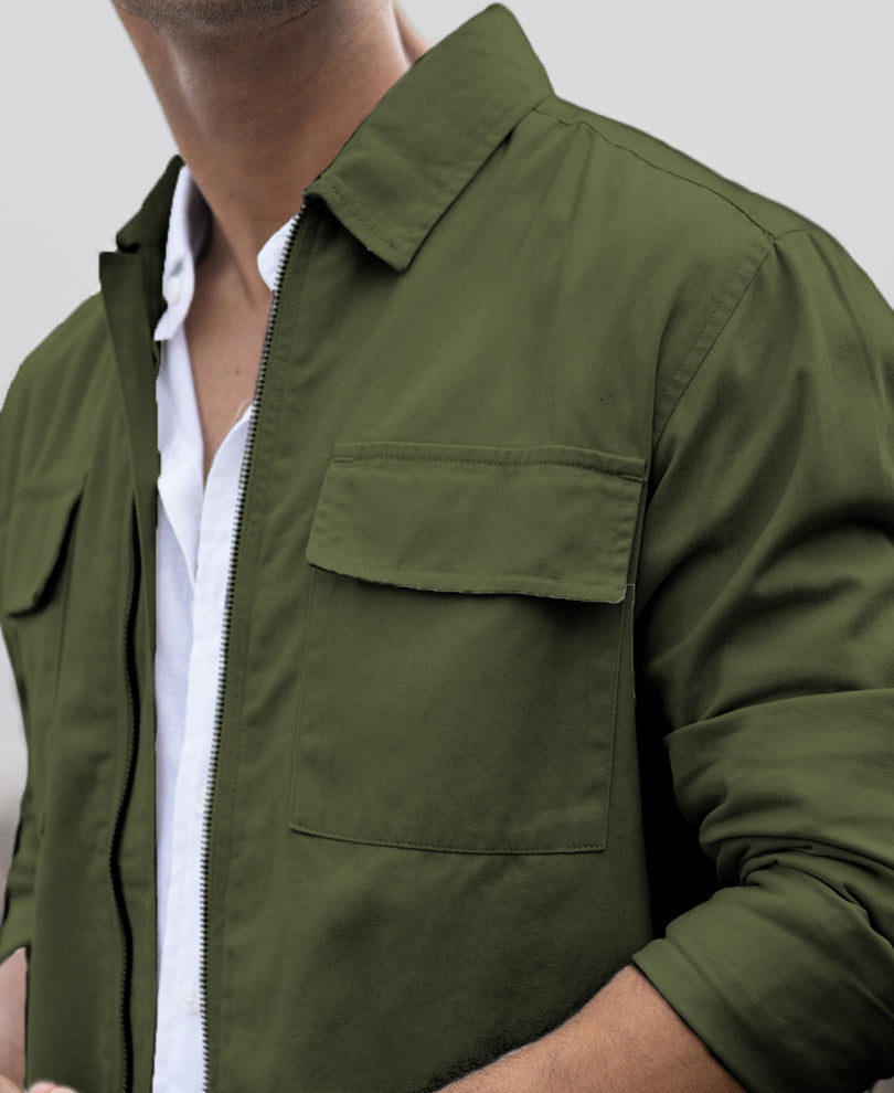 Olive Structured Zipper Overshirt