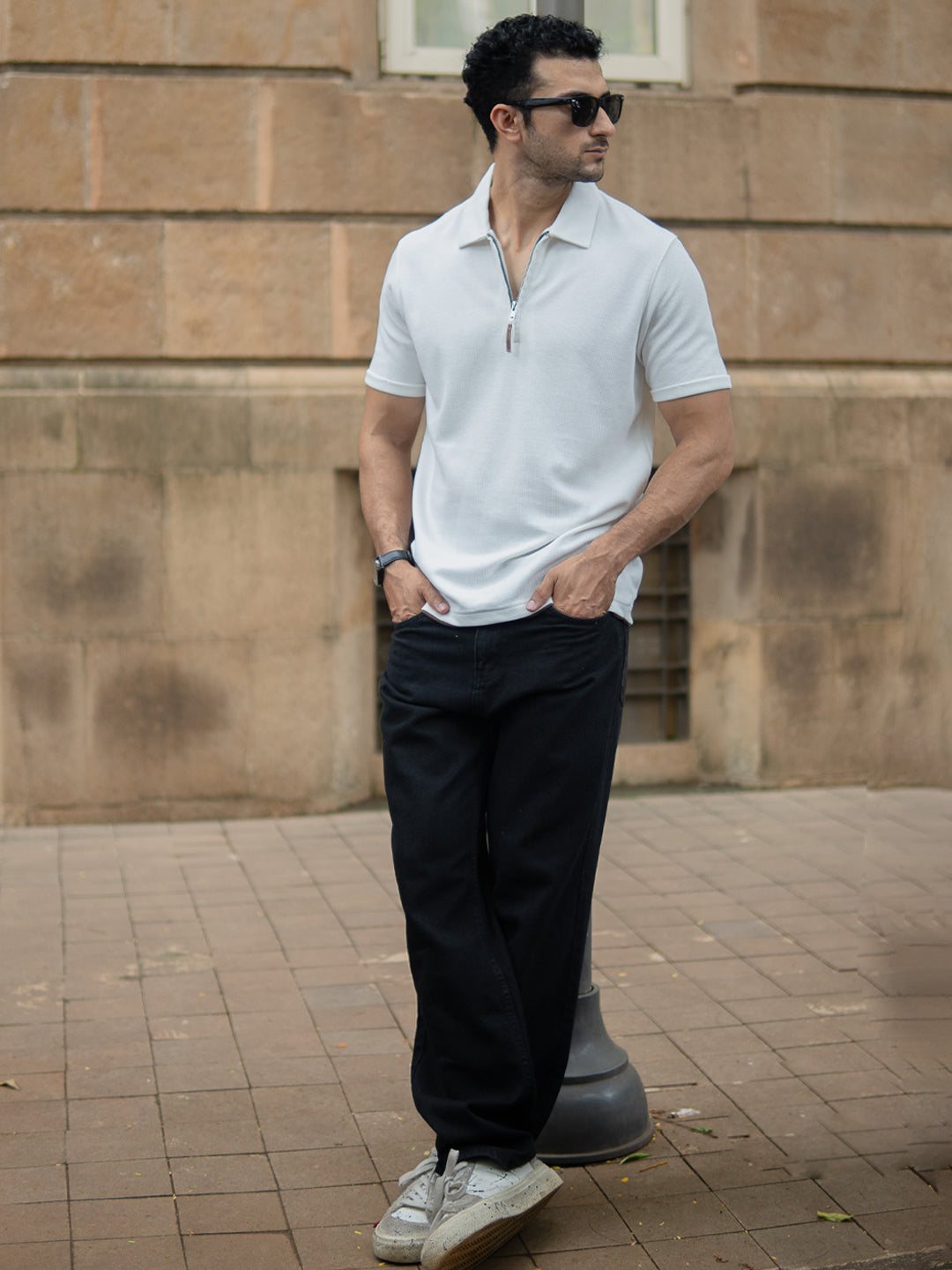 White Knit Zipper Polo T-Shirt