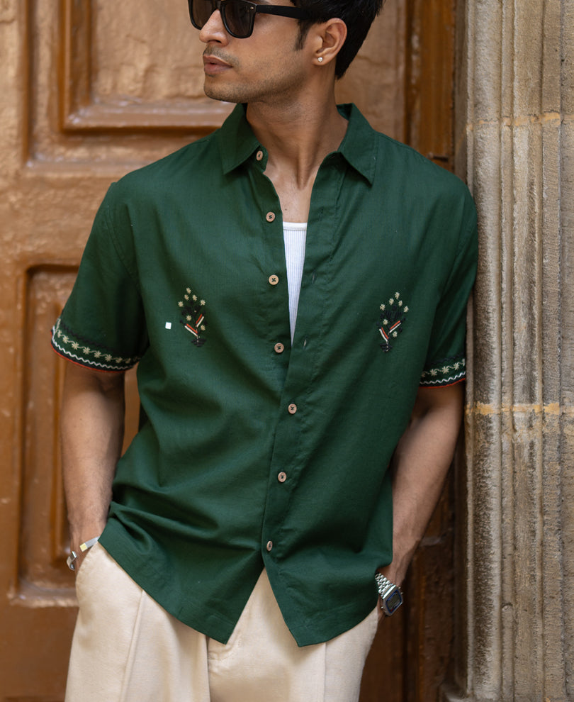 Dark Olive Embroidered Shirt.