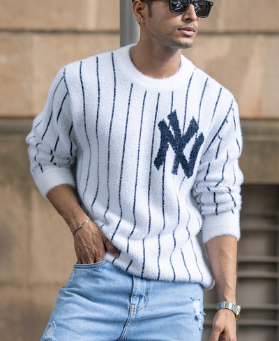 White Striped Fuzzy Sweater