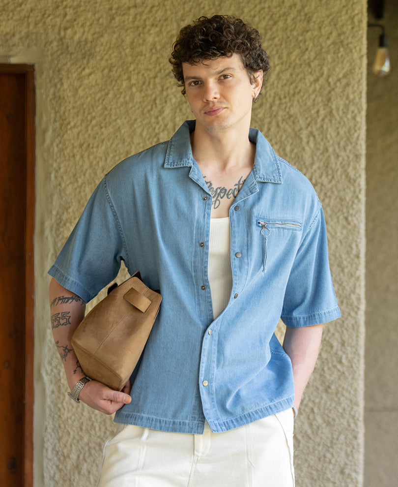 Light Blue Cuban Denim Shirt 100% Cotton