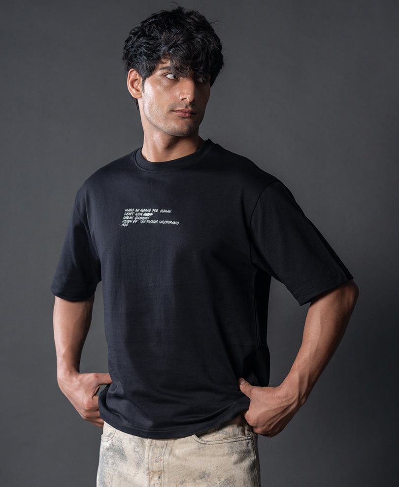 Black Crochet Patch Embroidered T-Shirt.