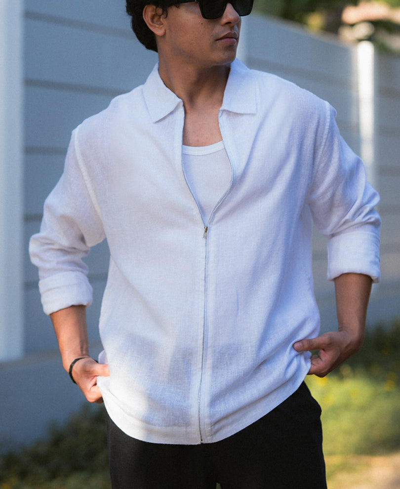 White Linen Blend Zipper Shirt