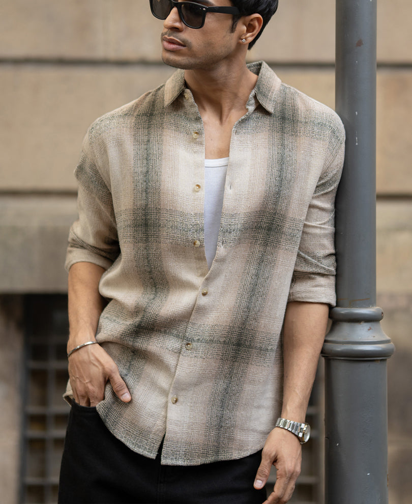 Beige Structured Checked Shirt