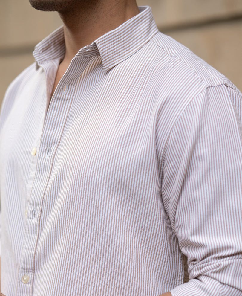 Dark Beige Oxford Stripe Shirt.