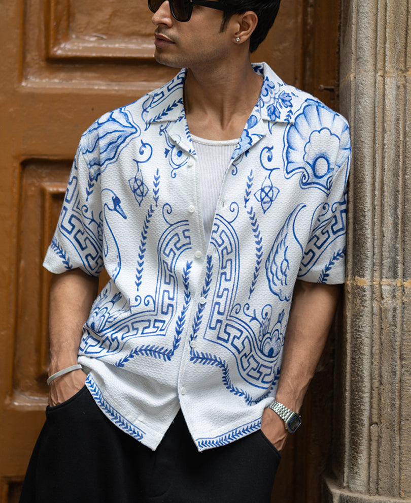White Printed Cotton Structured Shirt.