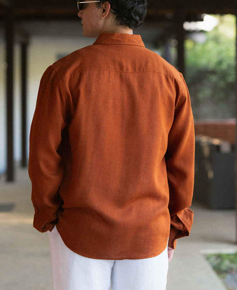 Rust Linen Blend Embroidered Shirt