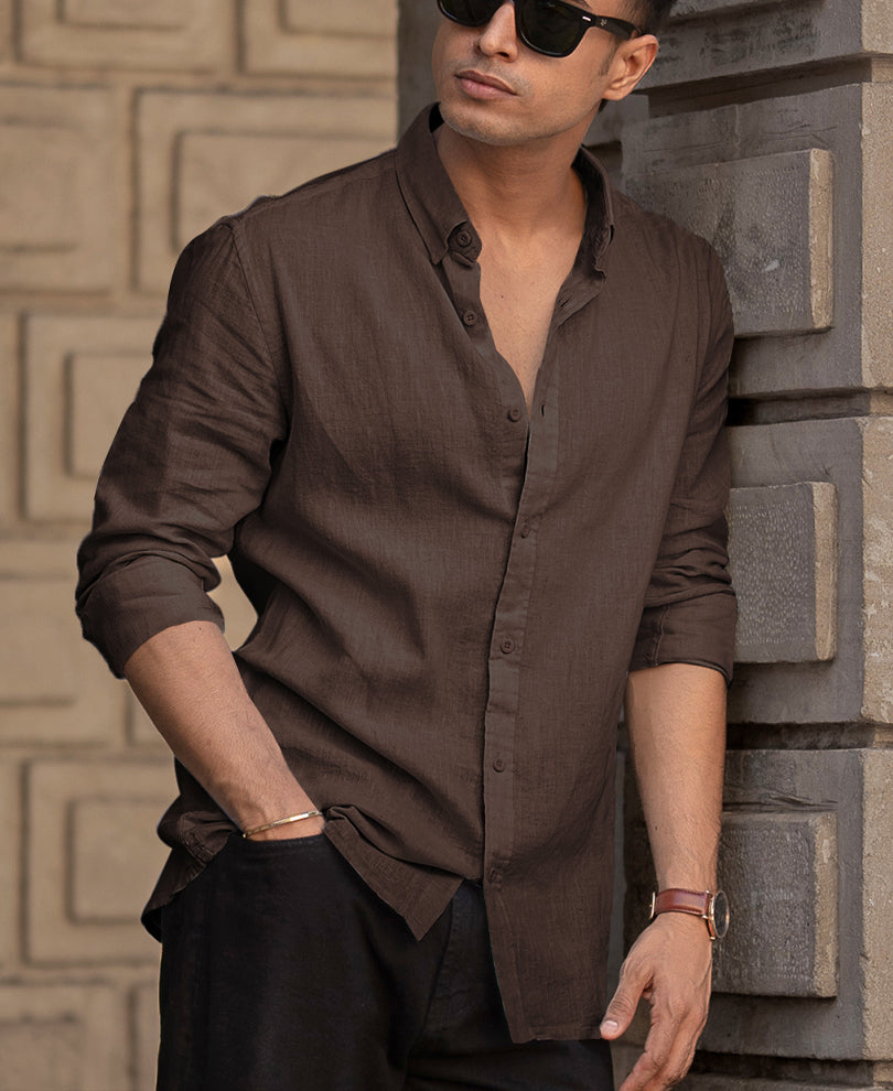 Brown Linen Blend Shirt.