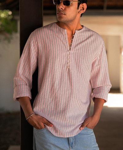 Pastel Pink Linen Blend Stripe Kurta Shirt