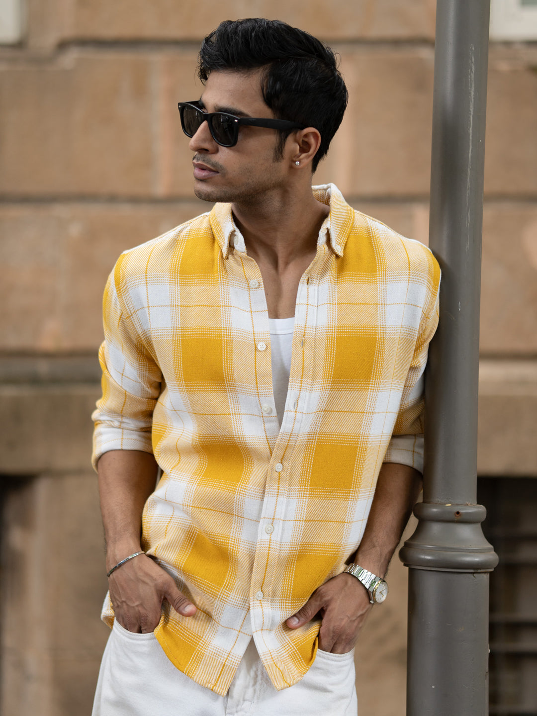 Yellow Structured Checks Buttondown Shirt