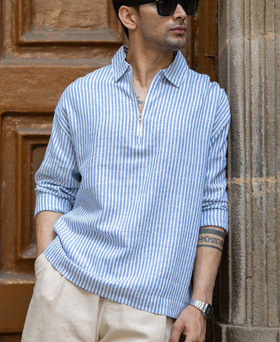 Blue Stripe Zipper Kurta Shirt