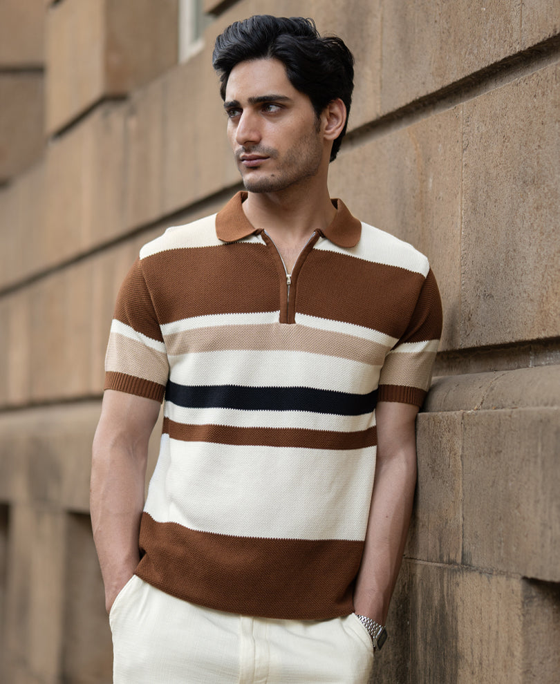 Multi Color Stripe Knit T-Shirt.
