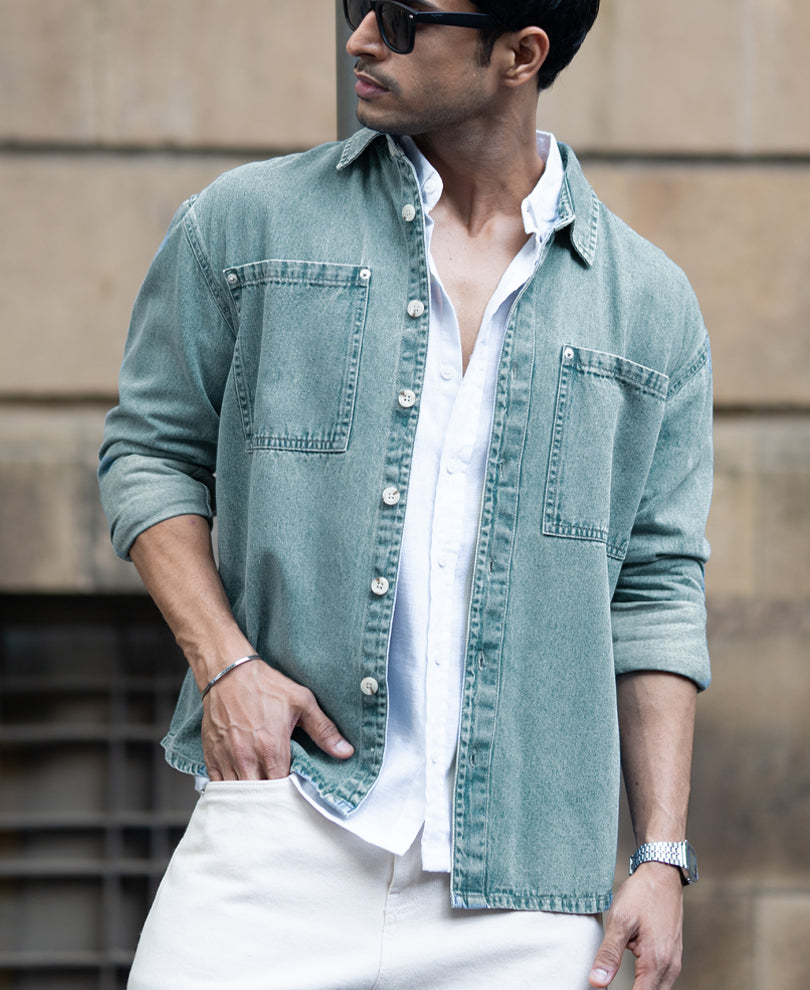 Mid Blue Washed Denim Shirt.