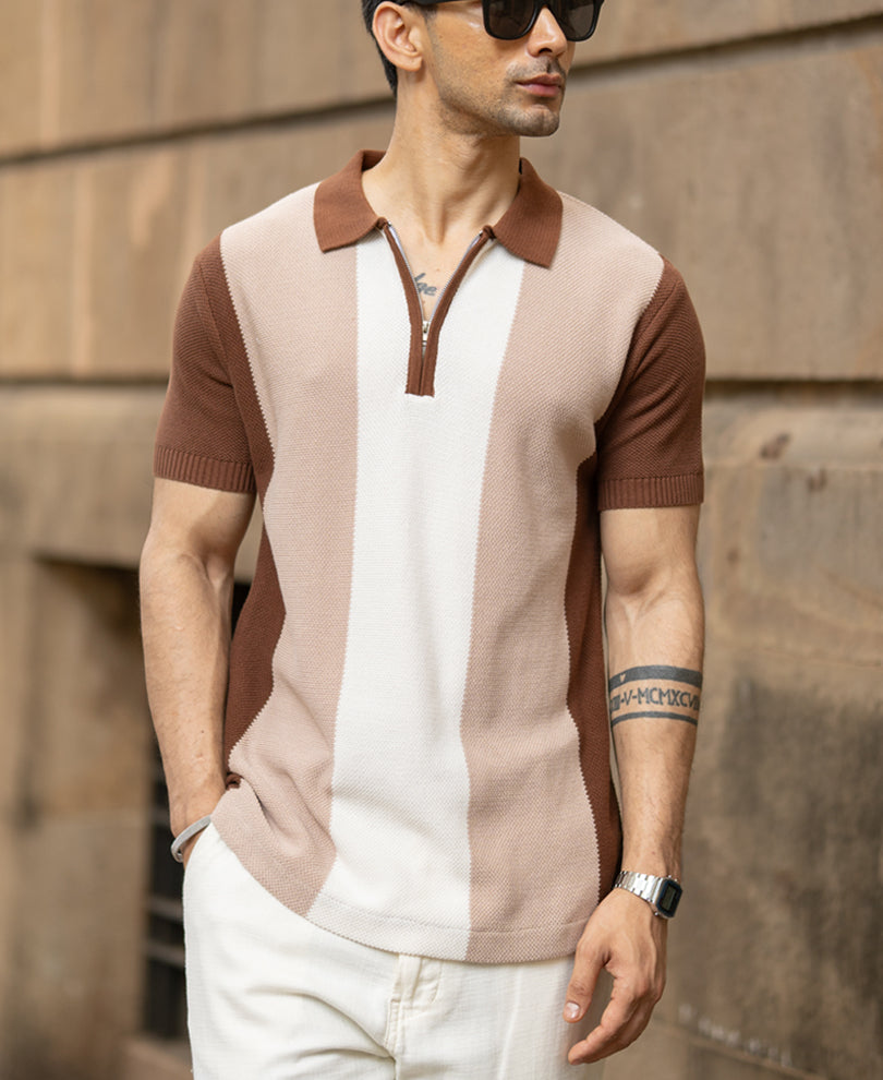 Beige & Brown Knit Stripe T-Shirt.