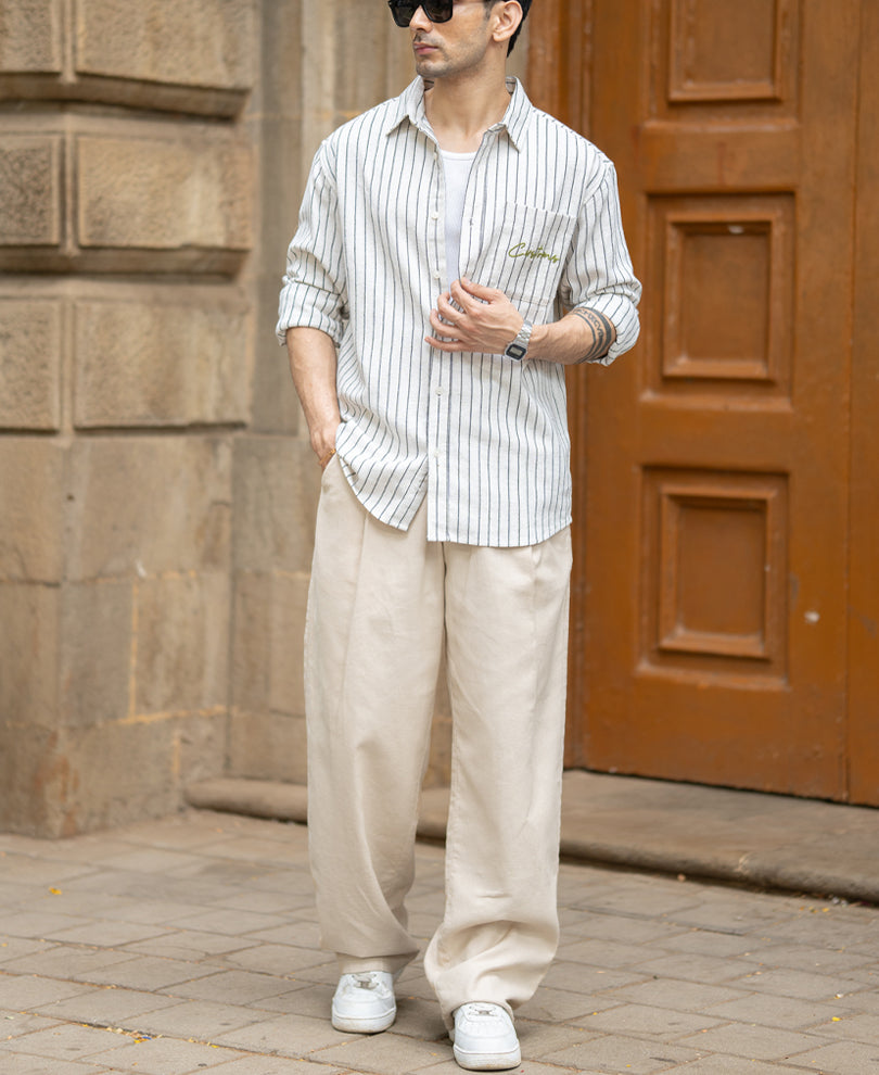 Beige Embroidered Stripe Shirt