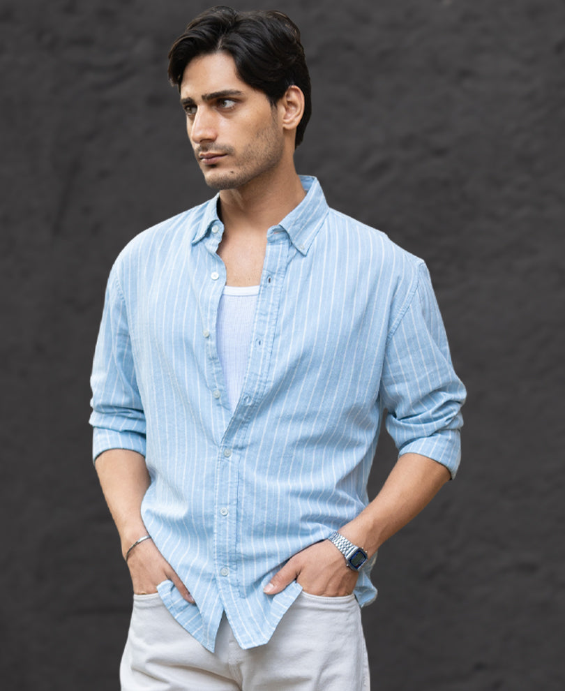 Light Blue Linen Stripe Shirt.
