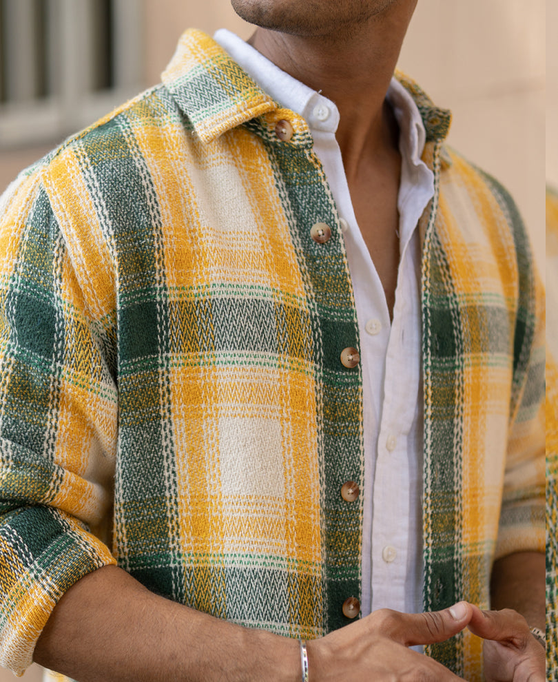 Yellow And Green Structured Checks Shirt.