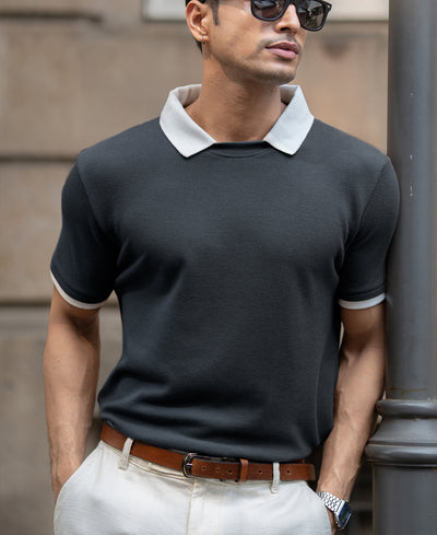 Blue Contrast Collar Knit T-Shirt