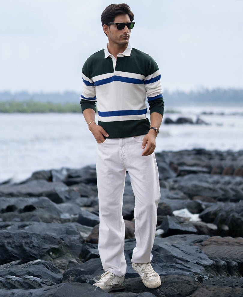 Olive And White Stripe Polo T-Shirt