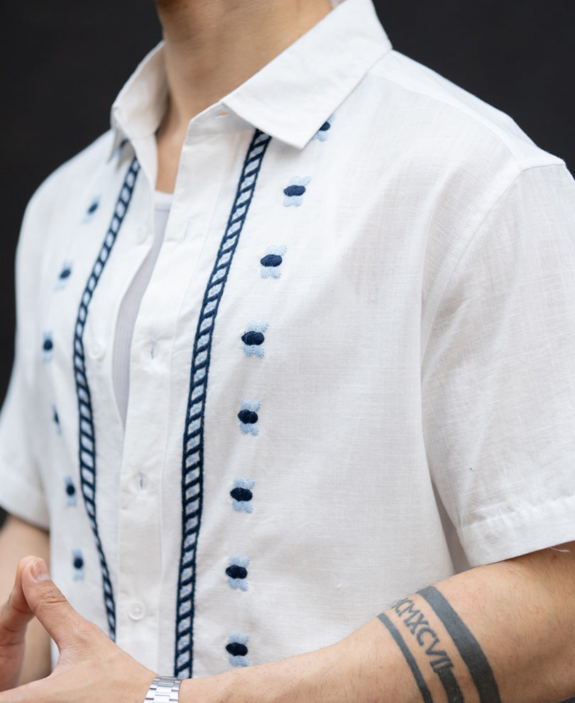 Off White Embroidered Cotton Shirt.