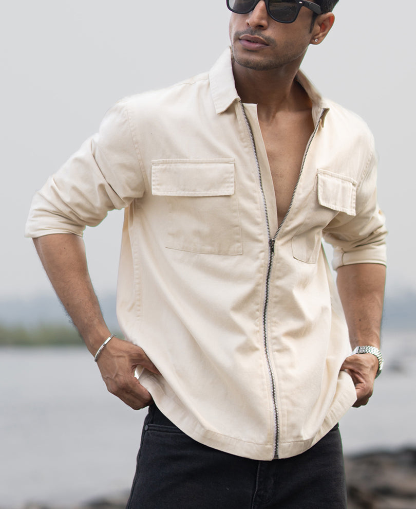 Light Beige Structured Zipper Overshirt