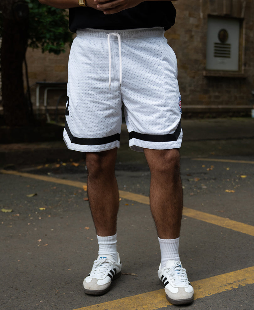 White Embroidered Mesh Basketball Shorts.