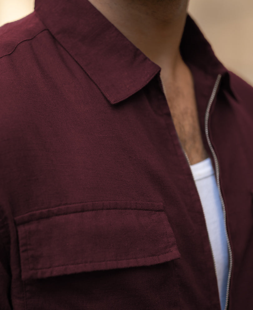 Wine Linen Blend Zipper Shirt