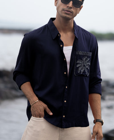 Navy Linen Blend Embroidery Shirt