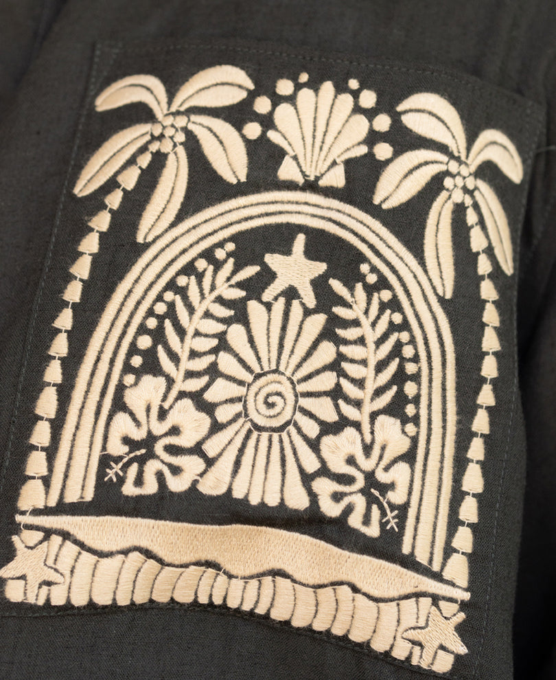 Dark Green Linen Blend Embroidered Shirt