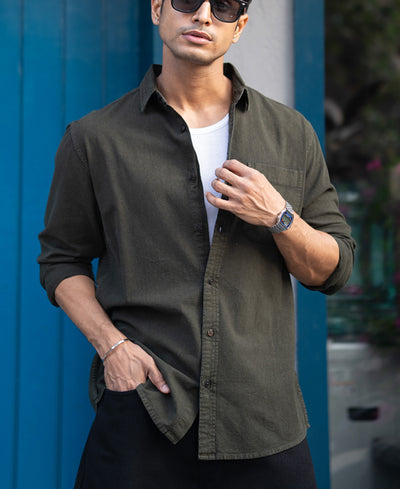 Dark Olive Double Pocket Denim Shirt