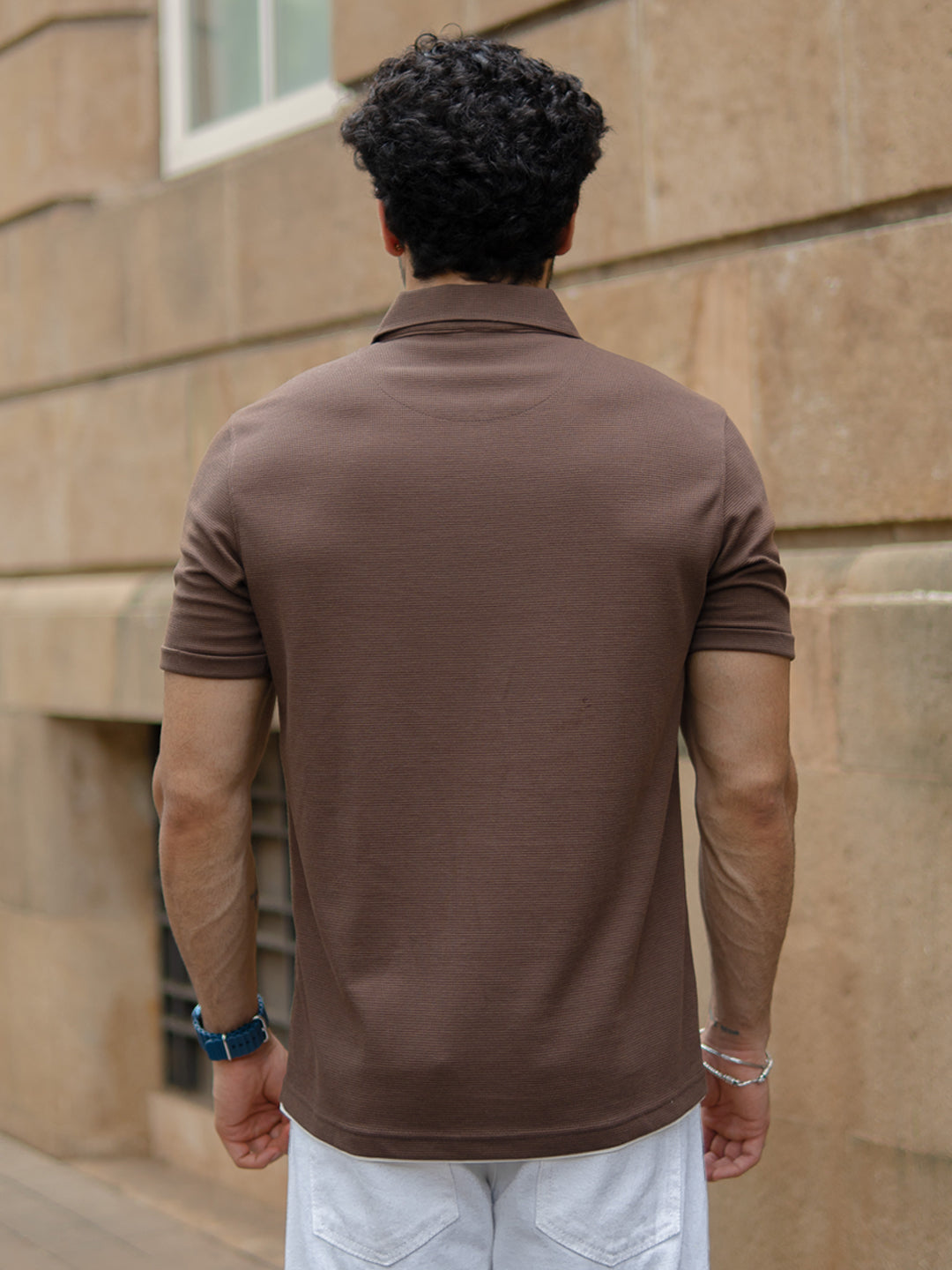 Brown Knit Zipper Polo T-Shirt