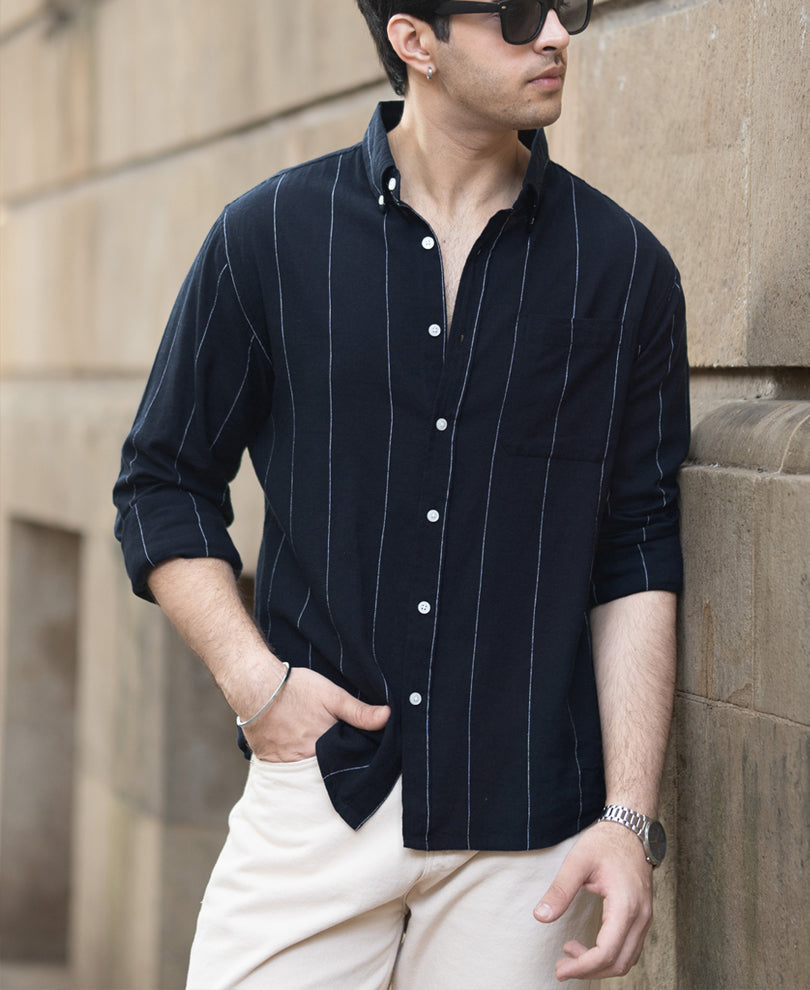Navy Lightweight Linen Striped Shirt