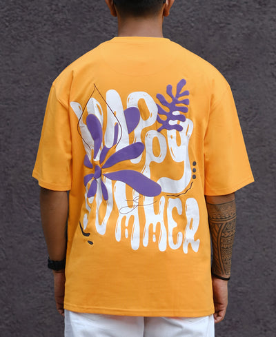 Mustard Structured Printed Oversized Half Sleeves T Shirt